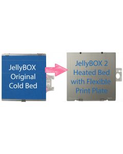 JellyBOX 1 bed upgrade: From cold bed  JellyBOX 1 to the heated bed JellyBOX 2 with flexible print plate. Includes power supply.